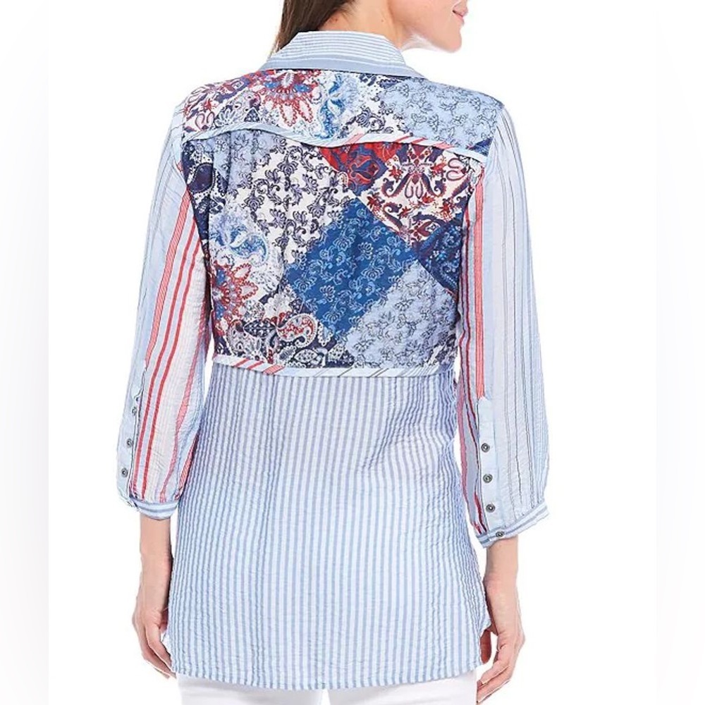 JOHN Mark Crinkle 3/4 Sleeve Mixed Print Shark Bite Hem Collared Tunic